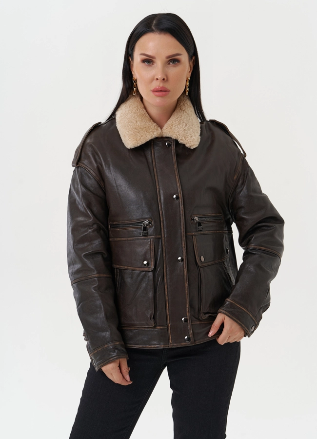 Кожаная куртка-пилот  модель № 28112 меха малина