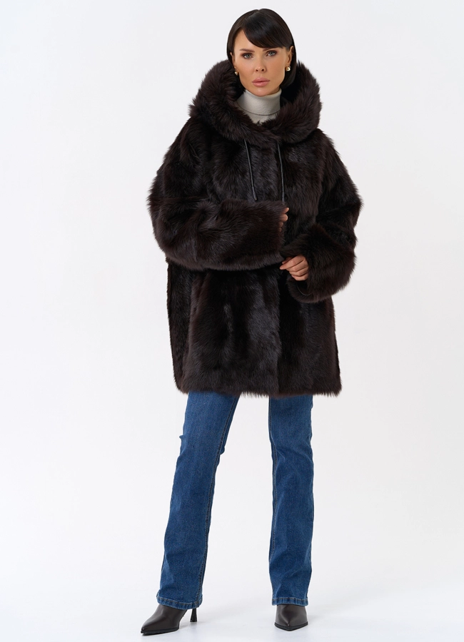 Женская двухсторонняя дубленка с капюшоном модель № 31851 универмаг малина фото