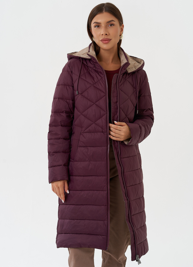 Стеганый пуховик бордового цвета с капюшоном модель № 28294 универмаг малина