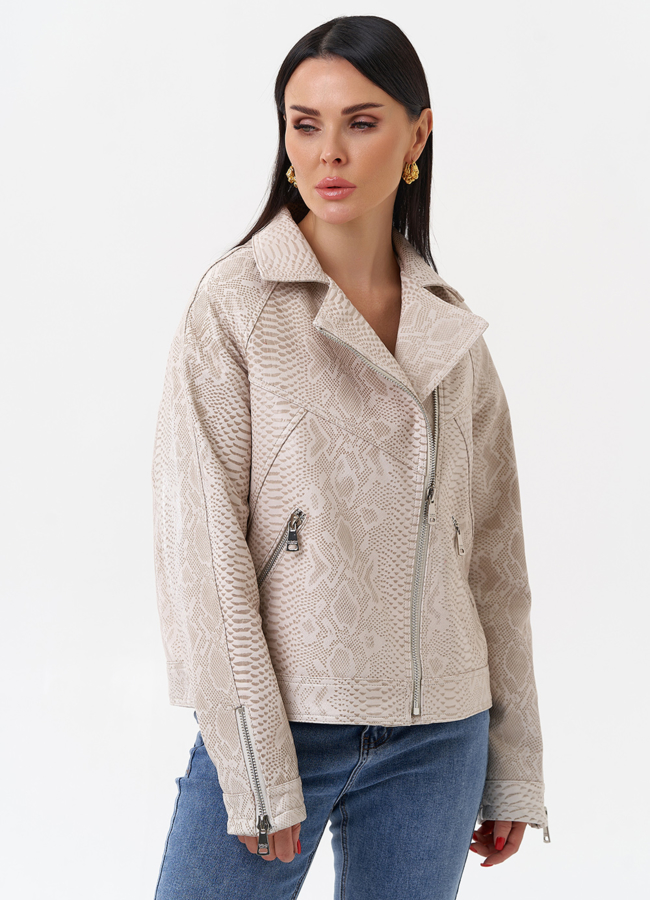 Светлая куртка из натуральной кожи с принтом змея модель № 4443 в рассрочку