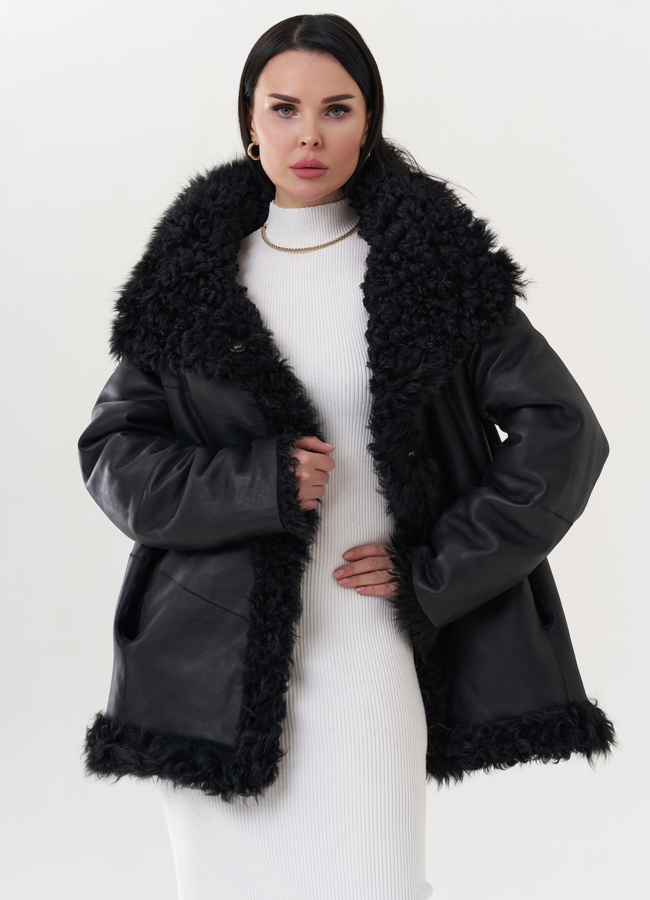 Двухсторонняя дубленка черного цвета модель № 26832 универмаг малина