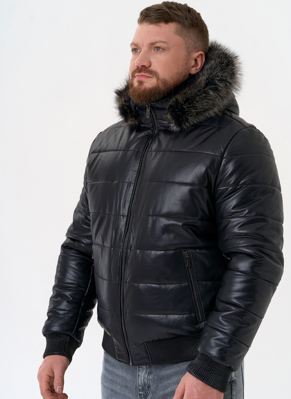 Пуховик из эко кожи черного цвета 