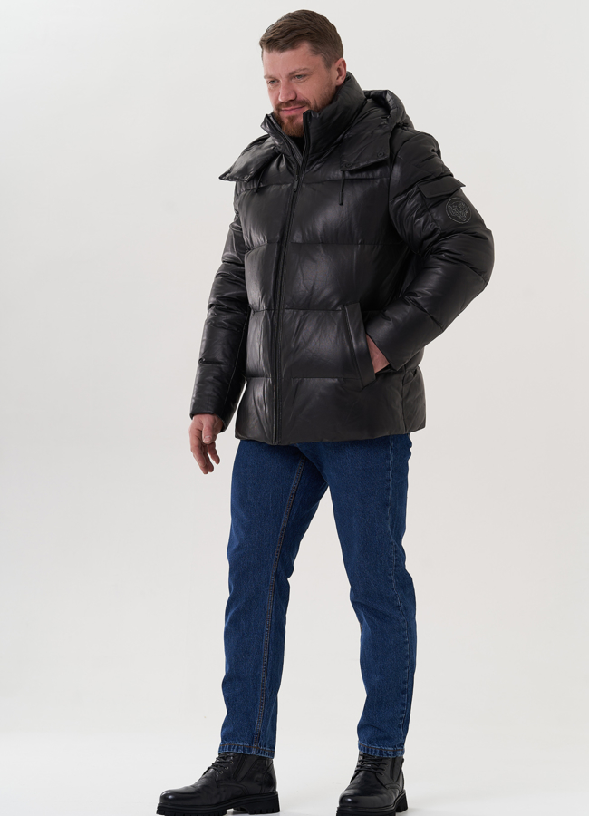 фото Пуховик из натуральной кожи с капюшоном модель № 25996