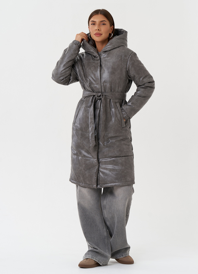 фото Пуховик из эко кожи с капюшоном модель № 28515