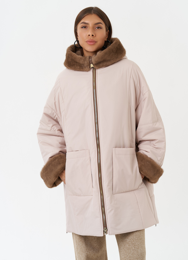 Пуховик с отделкой из эко меха под норку модель № 28838 меха малина