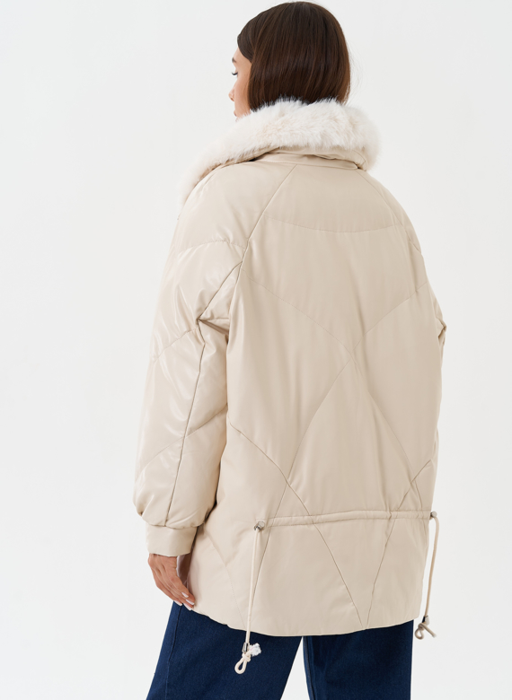 Пуховик из эко кожи с воротником из эко меха