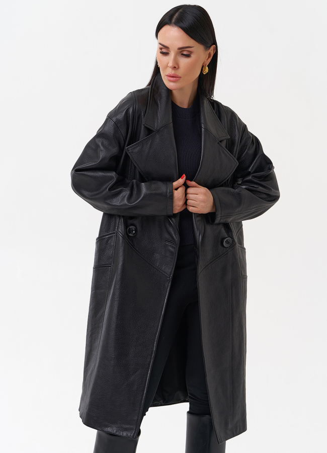 Плащ женский длинный из натуральной кожи модель № 4447 меха малина