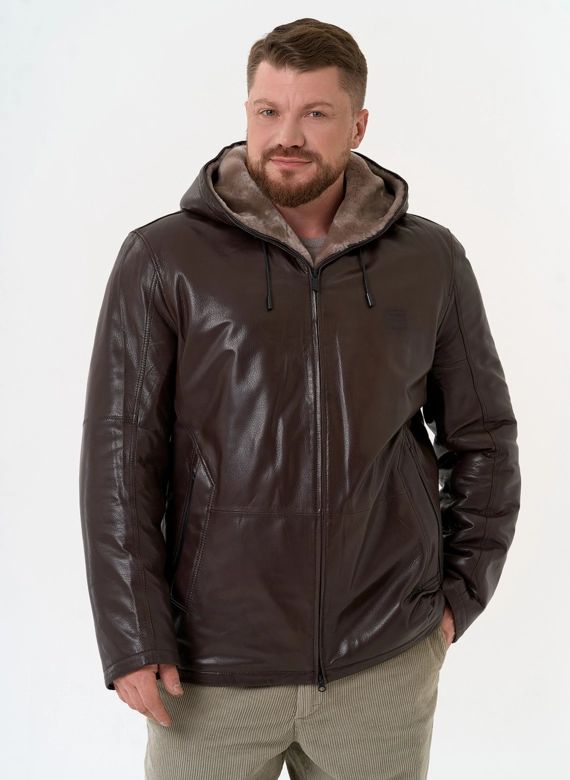 Мужская дубленка коричневого цвета с капюшоном фото