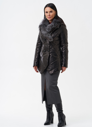 Кожаный пуховик с мехом из чернобурки