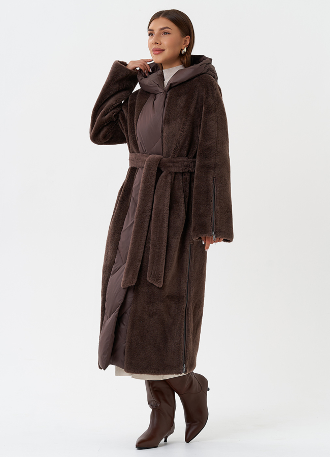 фото Комбинированное пальто на утеплении с капюшоном модель № 28538