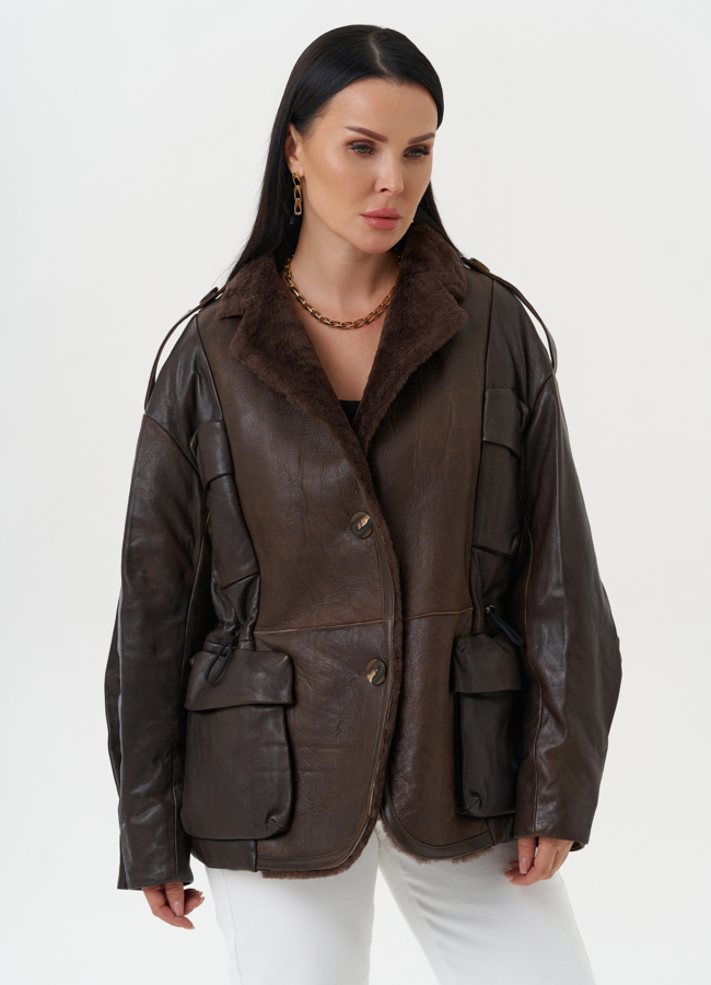 Комбинированная куртка из натуральной кожи и овчины модель № 28119 универмаг малина