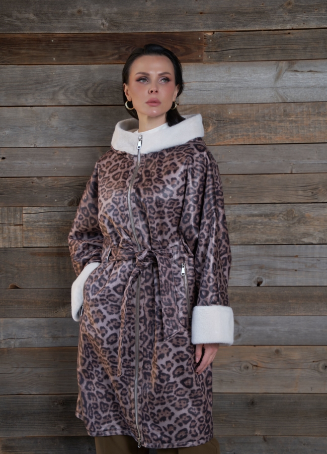 Женская дубленка из эко замши с поясом модель № 30203 меха малина