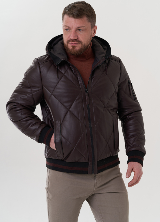 Куртка из натуральной кожи с капюшоном модель № 26996 меха малина