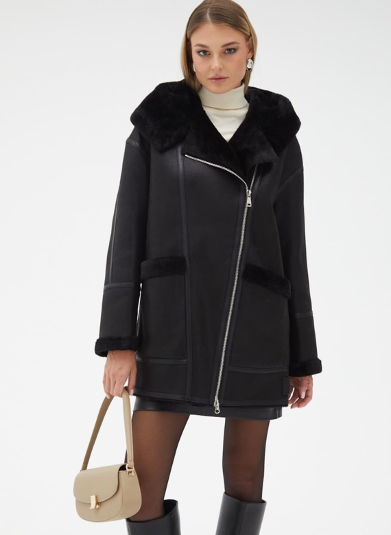 Женская удлиненная дубленка из эко кожи