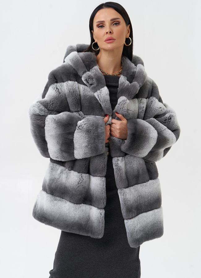 Шуба из кролика с капюшоном модель № 25324 меха малина