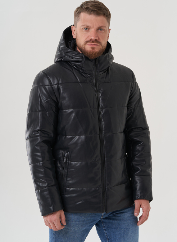 Пуховик мужской из эко кожи с капюшоном 