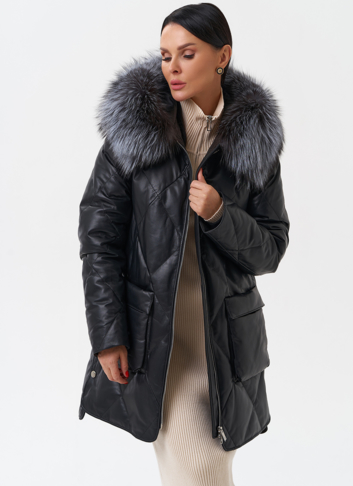 Женский кожаный пуховик с капюшоном Женский кожаный пуховик с капюшоном