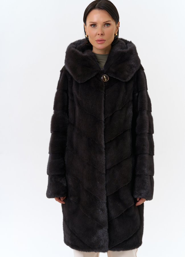 Норковая шуба с капюшоном модель № 25605 меха малина