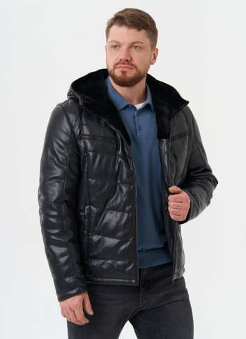 Утепленная куртка из эко кожи с капюшоном