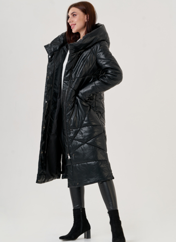 Черный длинный пуховик из эко кожи Malina Siberian