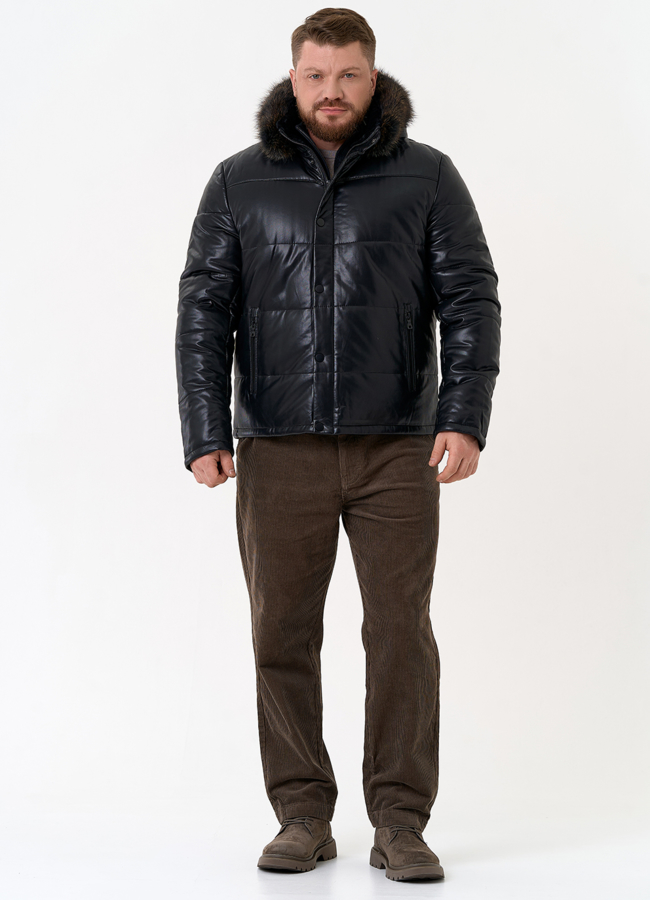 фото Пуховик из эко кожи с капюшоном из меха енота модель № 31720