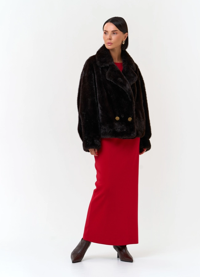 Женское двубортное пальто из эко меха модель № 33866 в рассрочку