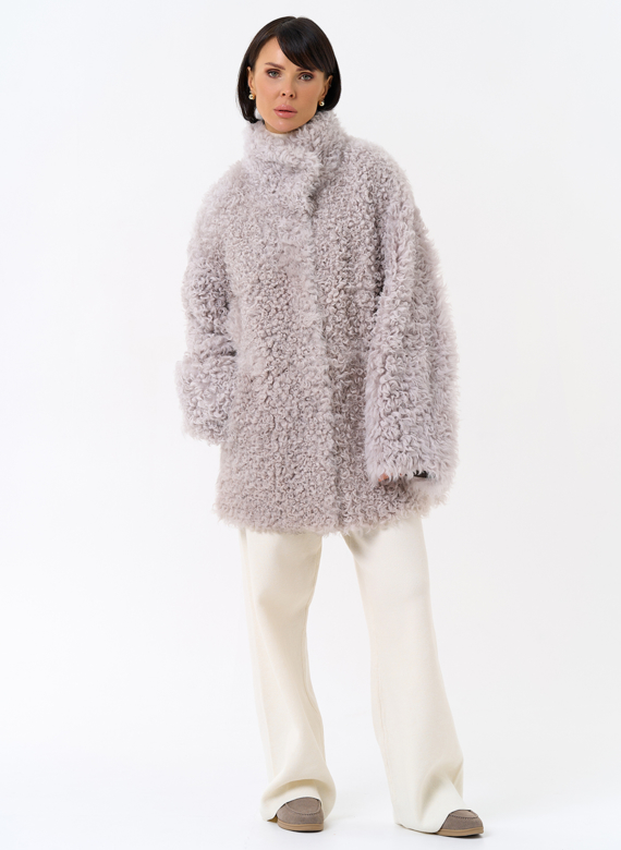 Женская двухсторонняя дубленка с воротником стойкой