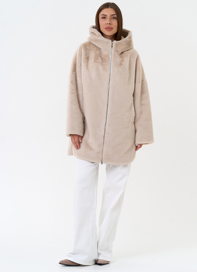 Женская шуба из экомеха с капюшоном модель № 31277 в рассрочку