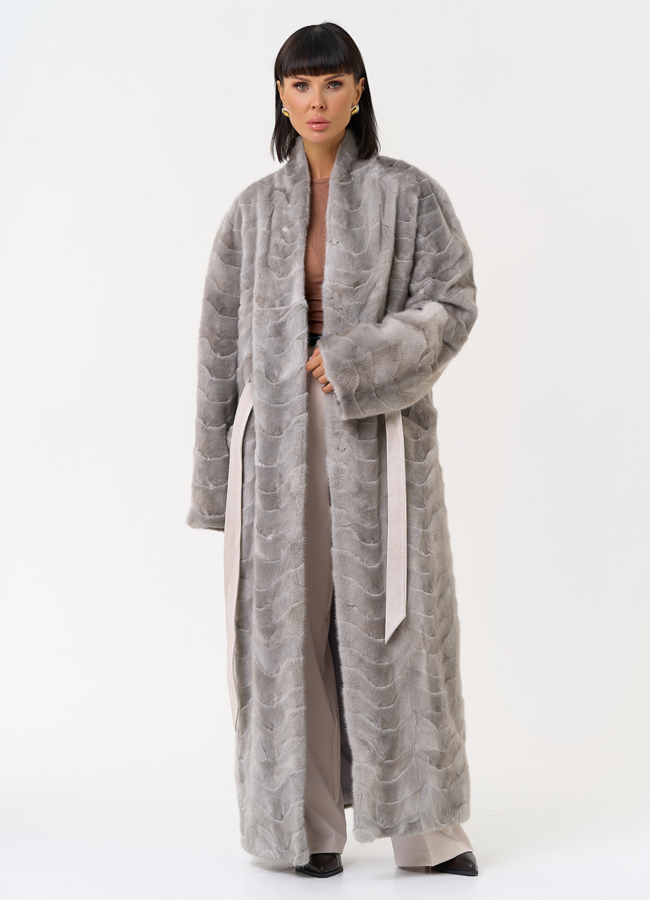 Длинная шуба из меха норки с поясом модель № 31295 универмаг малина